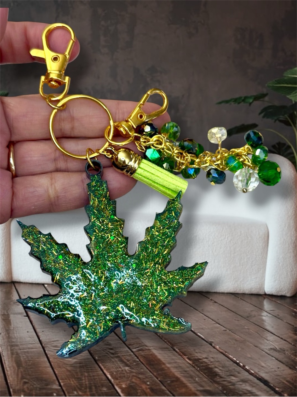 Purse Keychain, Green Glitter Resin, Cannabis Leaf Keychain with Beaded Tassel
